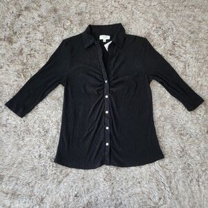 Kim & Cami 3/4 Length Sleeve‎ Button Down Textured Black Blouse Women's Medium